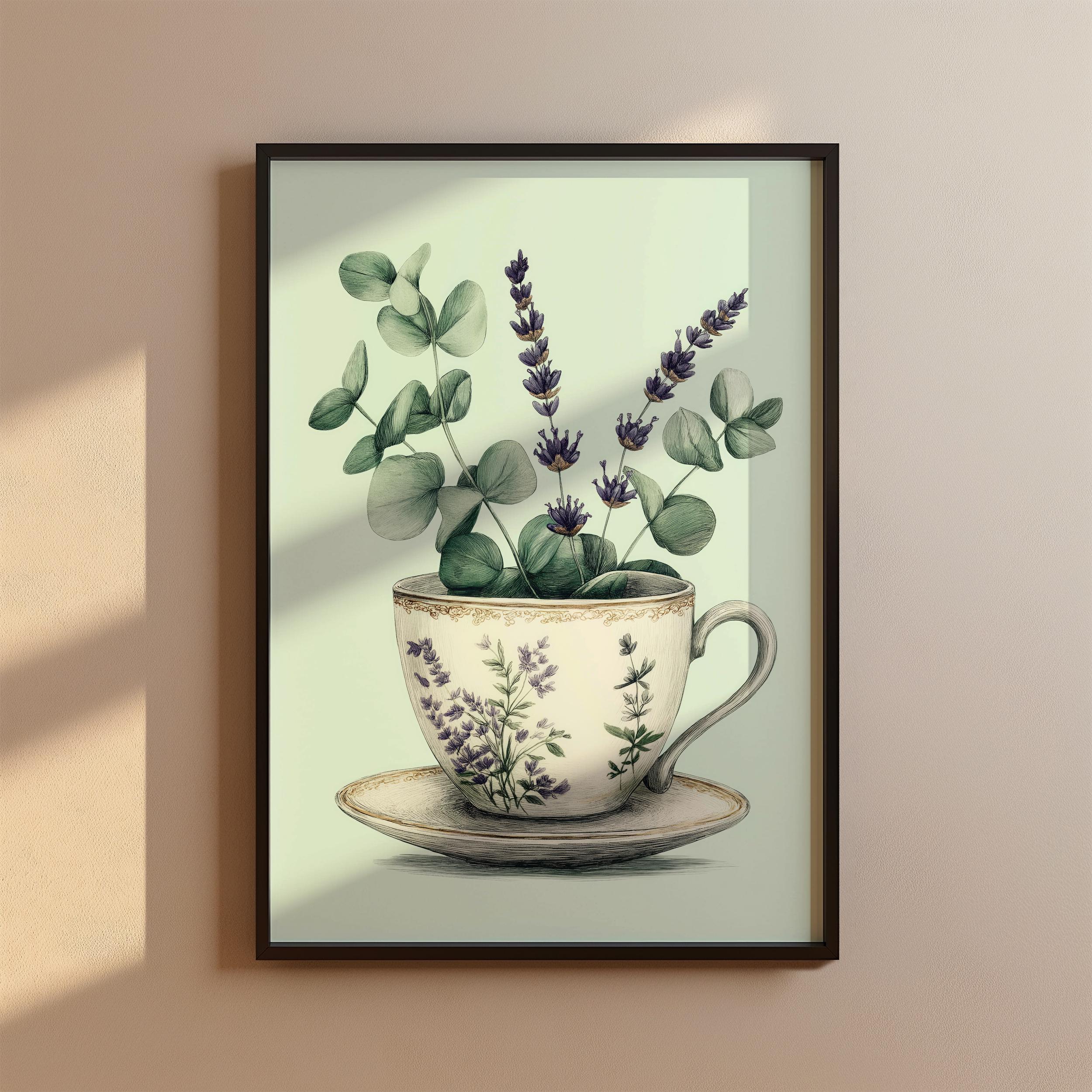 Vintage Teacup With Lavender And Eucalyptus Botanical Art Print