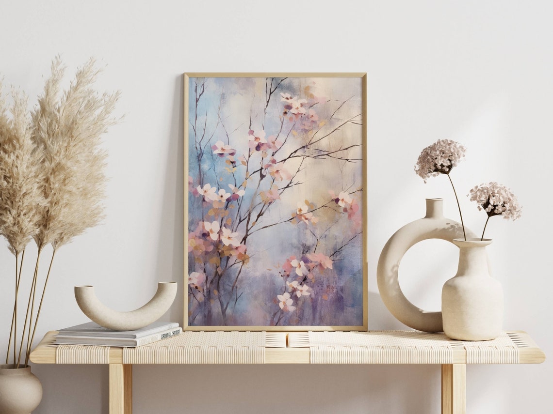Soft Watercolor Cherry Blossoms on Pale Blue Pastel Floral Poster