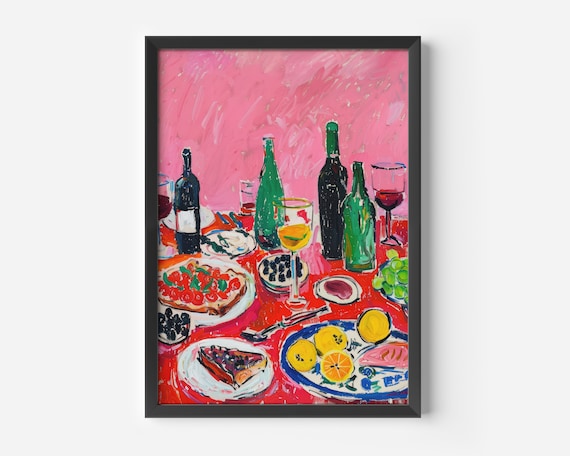 Fauvist Wine and Fruit Feast Pink Still Life Kitchen Dining Poster