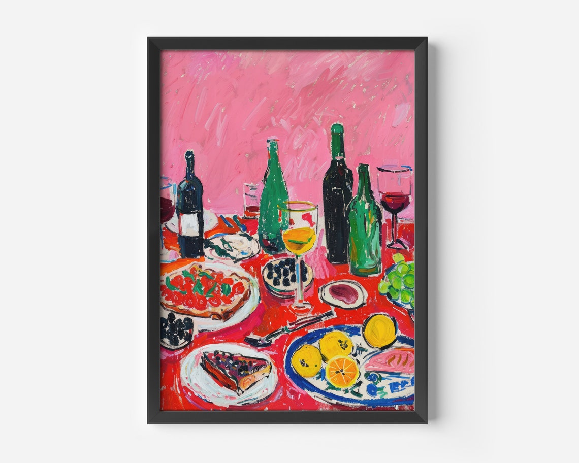 Fauvist Wine and Fruit Feast Pink Still Life Kitchen Dining Poster