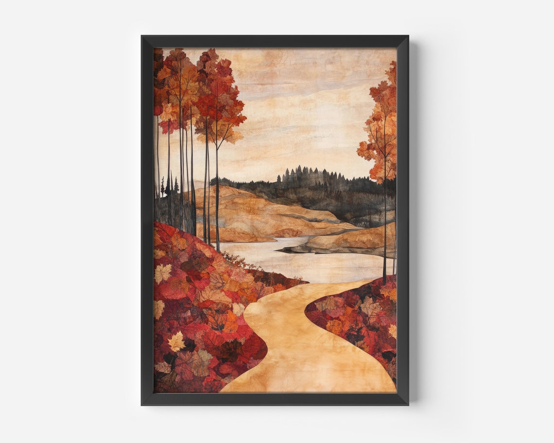 Autumn Forest Path Golden Watercolor Landscape Fall Trees Poster