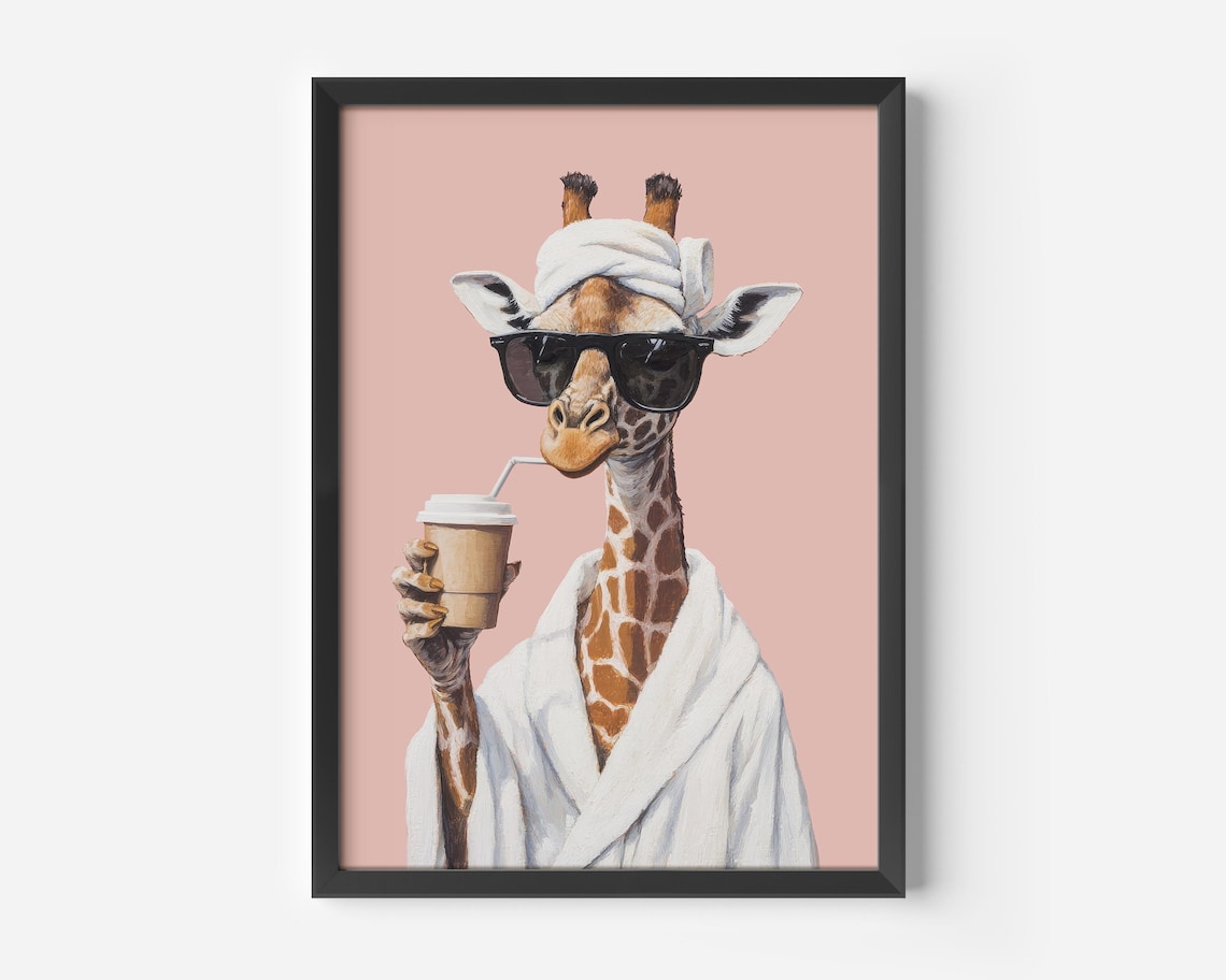Giraffe In Bathrobe Funny Bathroom Wall Art Print