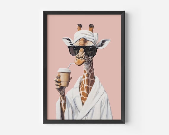 Giraffe In Bathrobe Funny Bathroom Wall Art Print