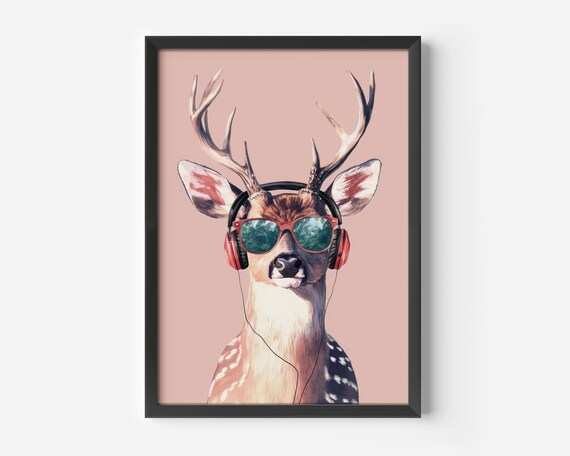 Living Room Art Animal Portrait Modern Deer With Headphones Funny Wall Decoration Motif Colorful Stylish Gift For Lovers