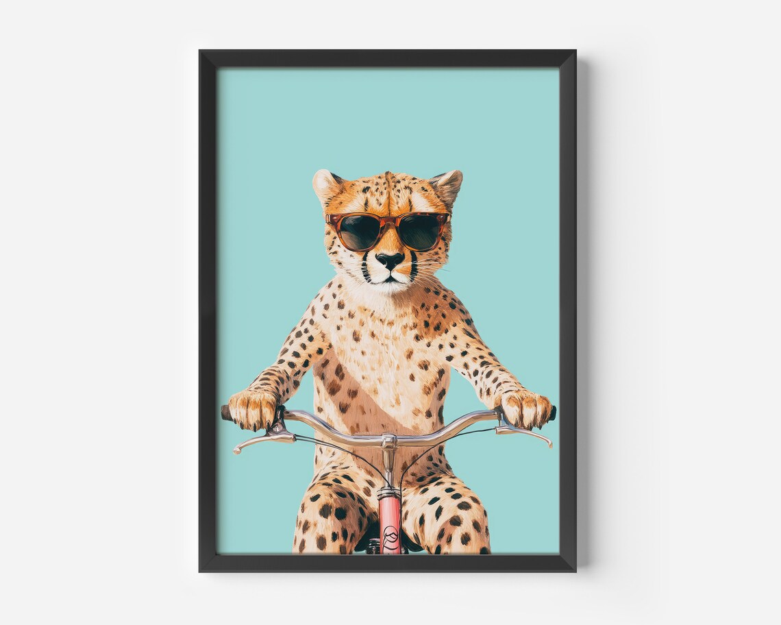 Cool Cheetah Wearing Sunglasses Riding A Bicycle Funny Animal Print