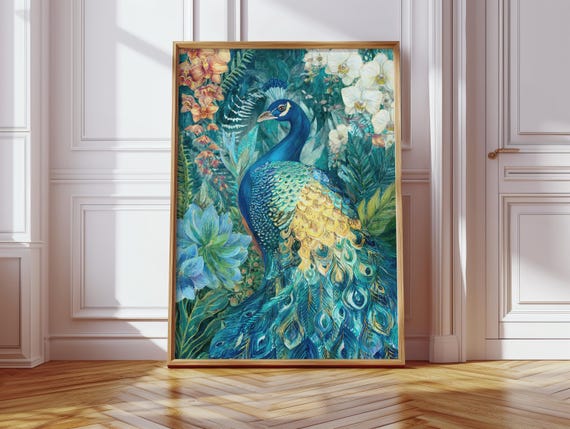 Exotic Wall Art Living Room Vintage Peacock Illustration Flowers Jungle Tropical Print Hallway Bedroom
