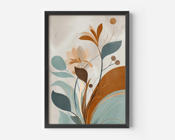 Abstract Art Living Room Scandinavian Poster Flowers Beige Turquoise Plant Illustration Modern Prints Elegant Minimalist