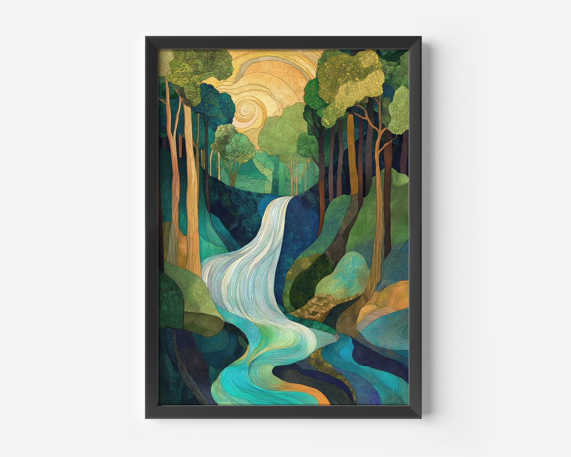 Stylized Forest River At Golden Hour Abstract Modern Nature Poster