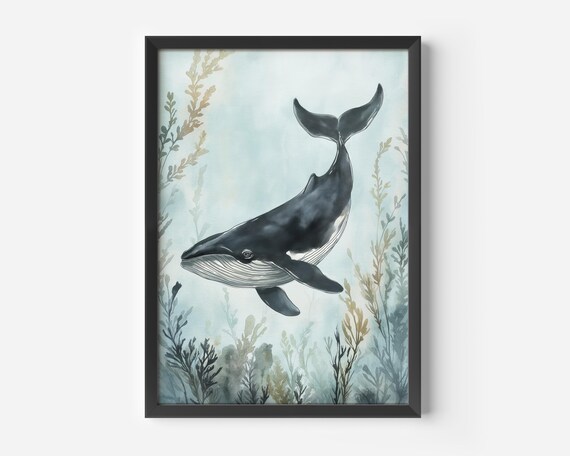 Maritime Living Room Decor Whale Watercolor Poster Ocean Picture In Blue And Green Tones Relaxing Nature Art Print Modern Elegance Hallway Office