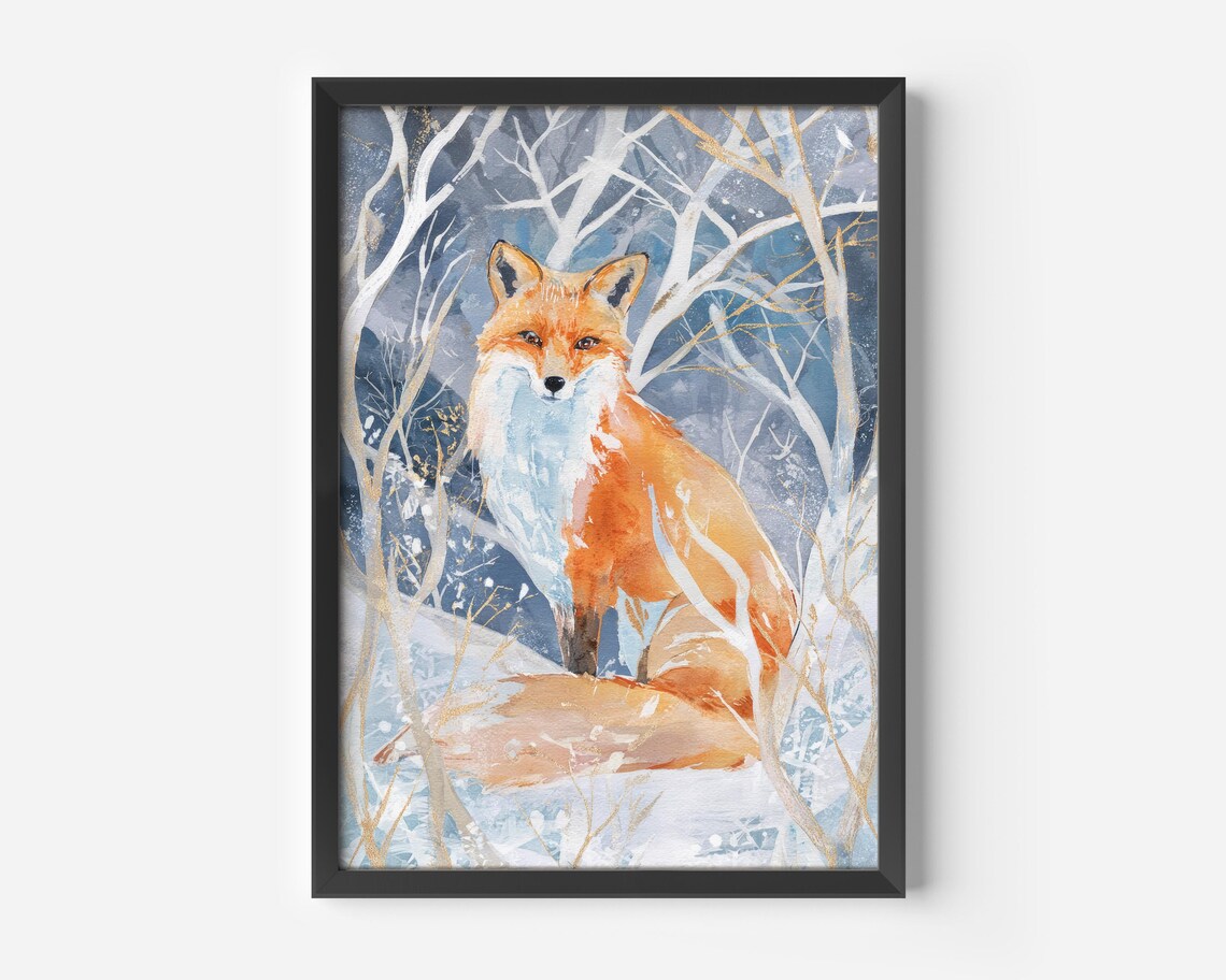 Red Fox Winter Forest Watercolor Animal Art Poster Snowy Woodland