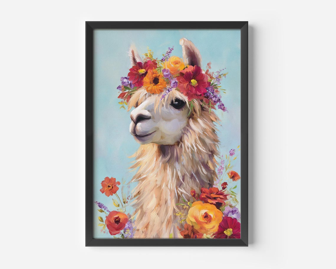 Happy Smiling Llama Wearing a Bright Flower Crown Teal Wall Art
