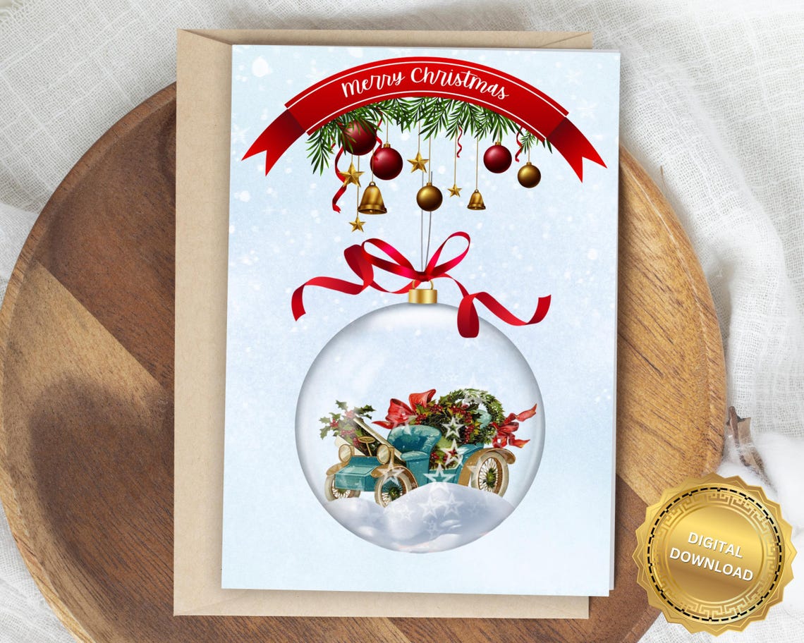 Merry Christmas Ribbon Banner Snow Globe Vintage Car Card Poster