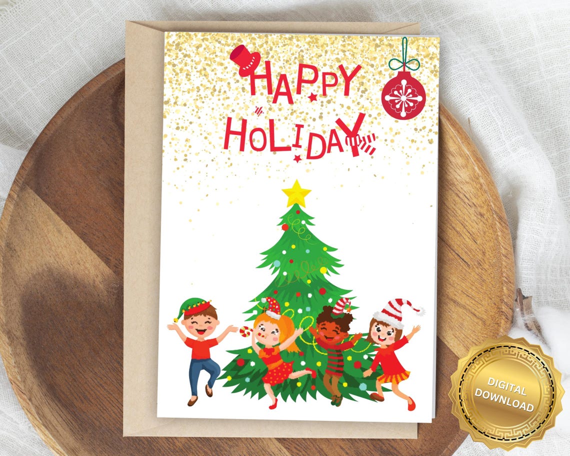 Happy Holiday Cartoon Kids Around Christmas Tree Card Poster Art