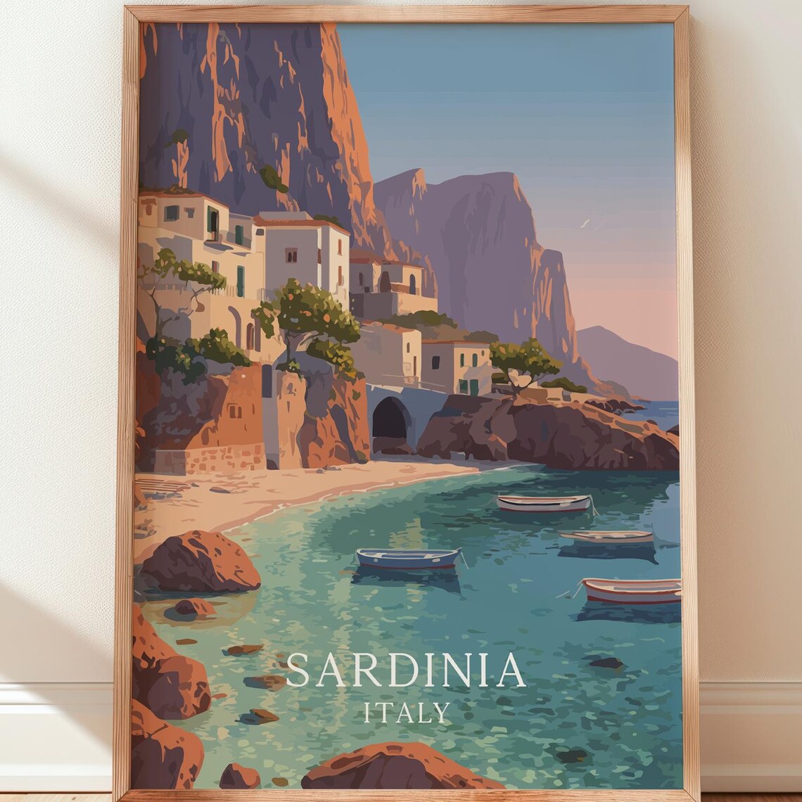 Sardinia Italy Coastal Cove Boats Cliffs Vintage Travel Poster