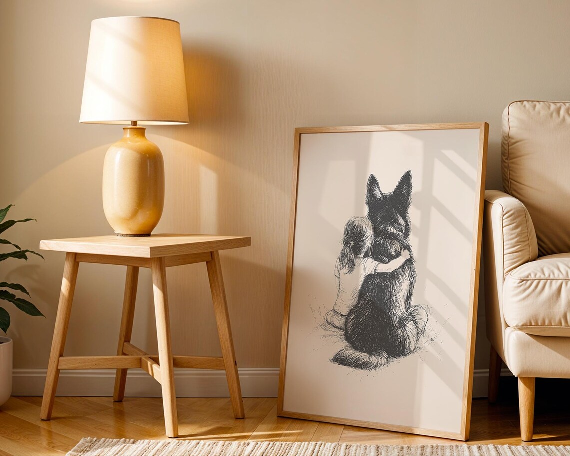 Girl With German Shepherd Retro Dog Sketch Art Print