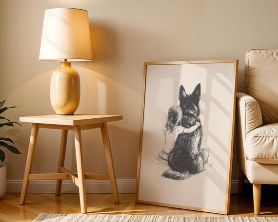 Girl With German Shepherd Retro Dog Sketch Art Print