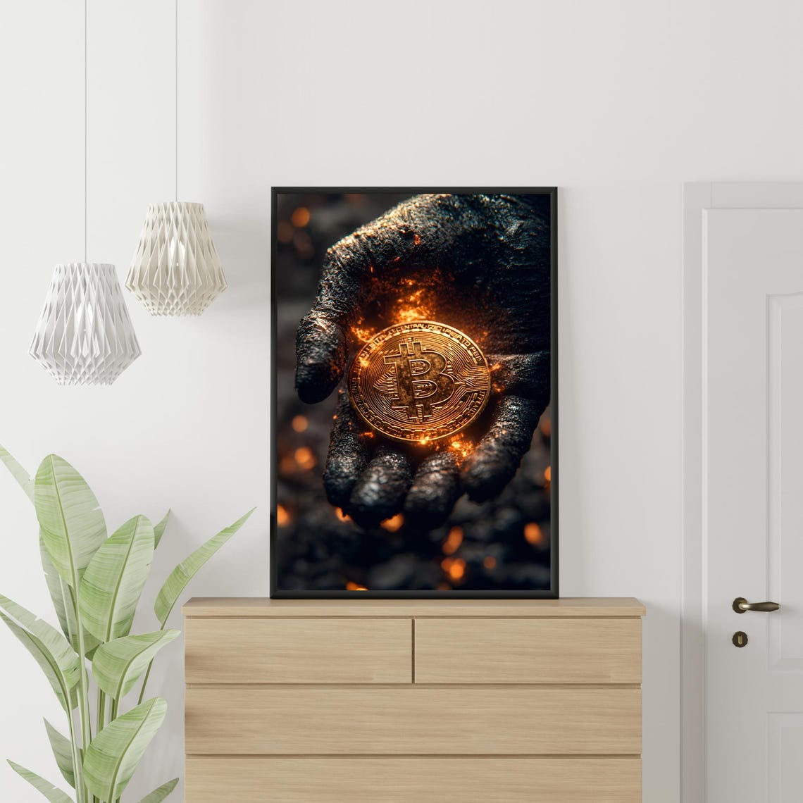 Dark Hand Holding Glowing Bitcoin Coin Dramatic Crypto Art Poster - Image 2