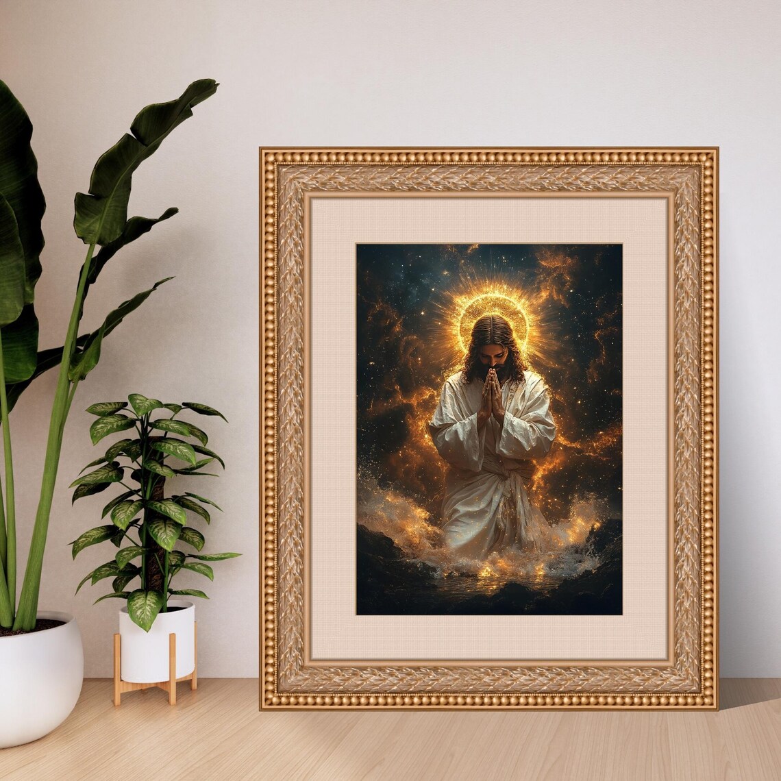 Jesus Christ Praying with Golden Halo Cosmic Religious Poster - Image 2