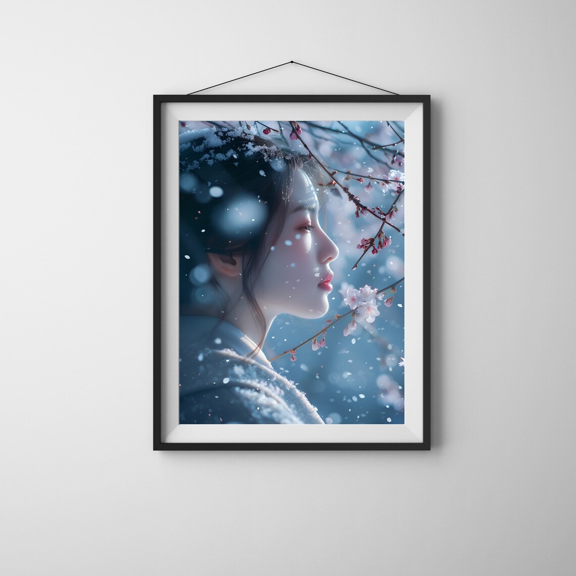 Asian Woman Snow Cherry Blossom Winter Portrait Serene Poster - Image 3