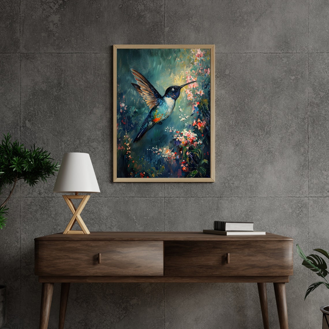 Colorful Hummingbird In Blooming Garden Impressionist Art Poster - Image 2