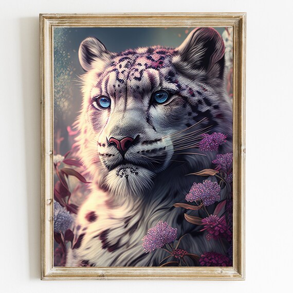 Snow Leopard Blue Eyes Floral Portrait Majestic Big Cat Poster