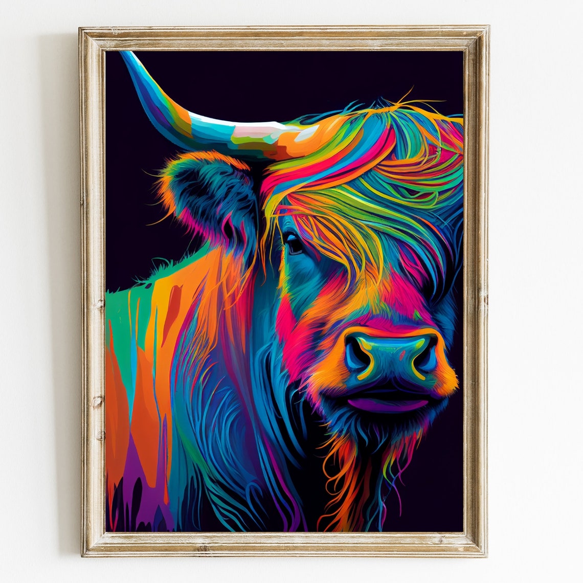Neon Rainbow Highland Cow Portrait Colorful Abstract Cattle Poster