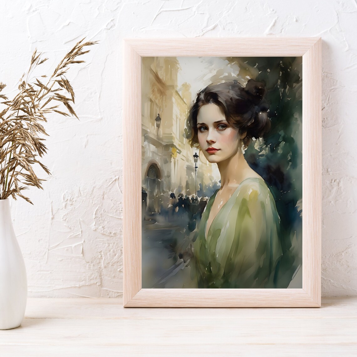 Watercolor Woman Green Dress European Street Elegant Portrait Poster - Image 2