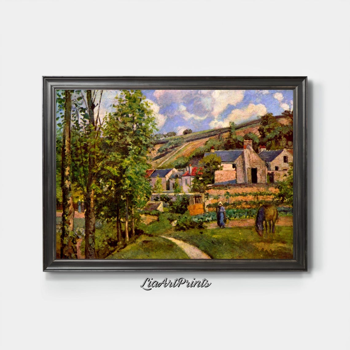 Charming Impressionist Village Farmhouses Grazing Horse Scene Poster - Image 3