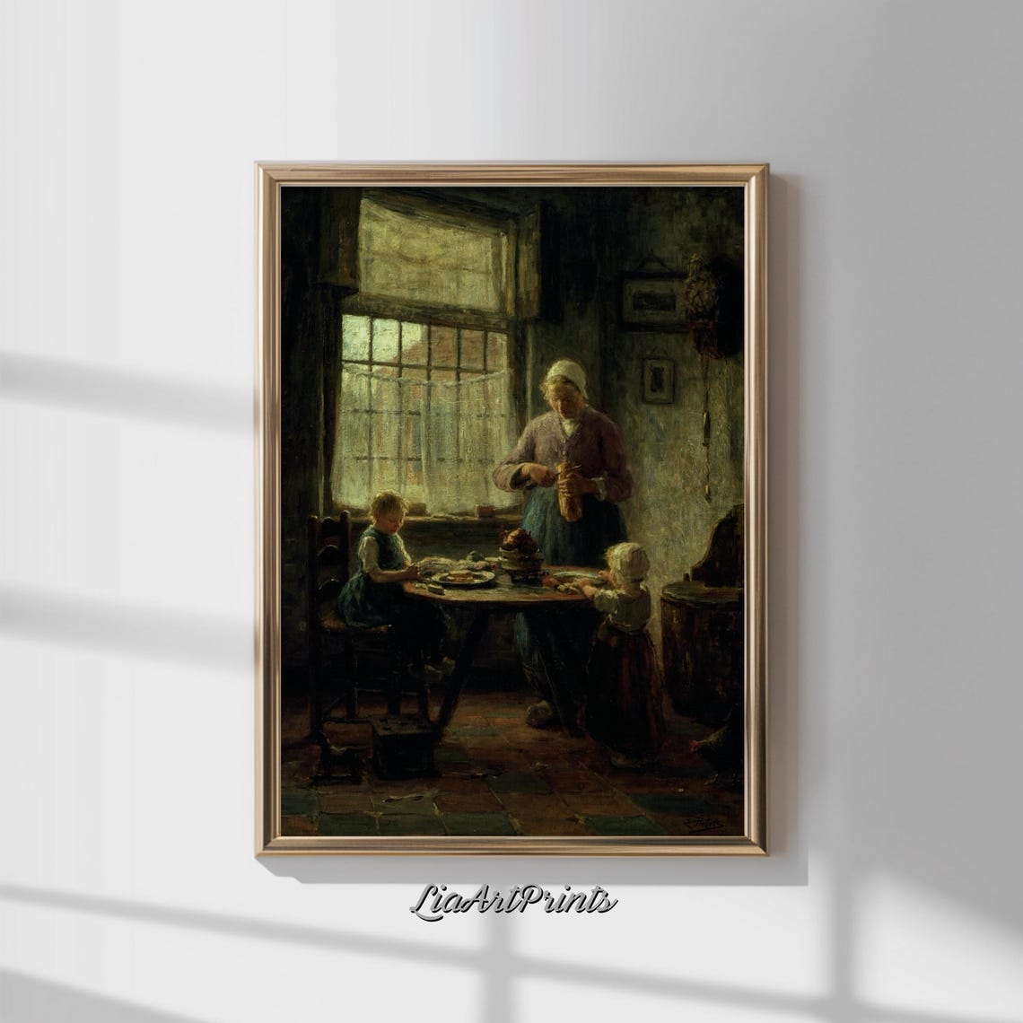 Mother Serving Children by a Sunlit Window Dutch Interior Scene Poster