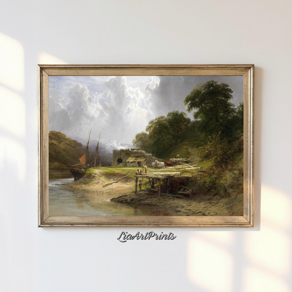 Rustic Riverside Scene, Vintage Countryside Landscape