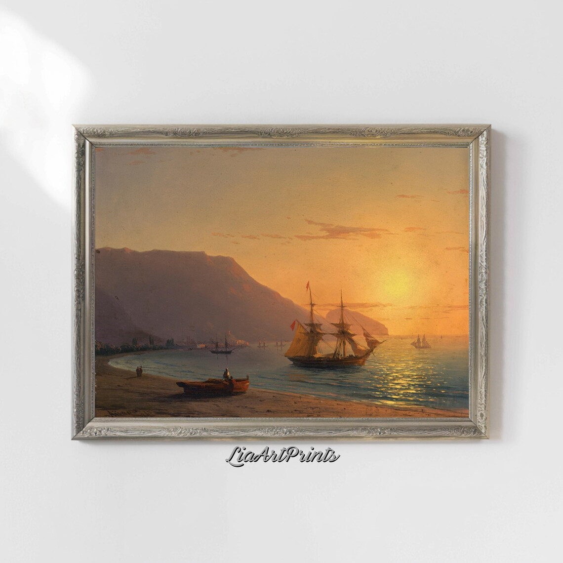 Golden Sunset with a Sailing Ship by Rocky Cliffs Vintage Nautical Print - Image 5