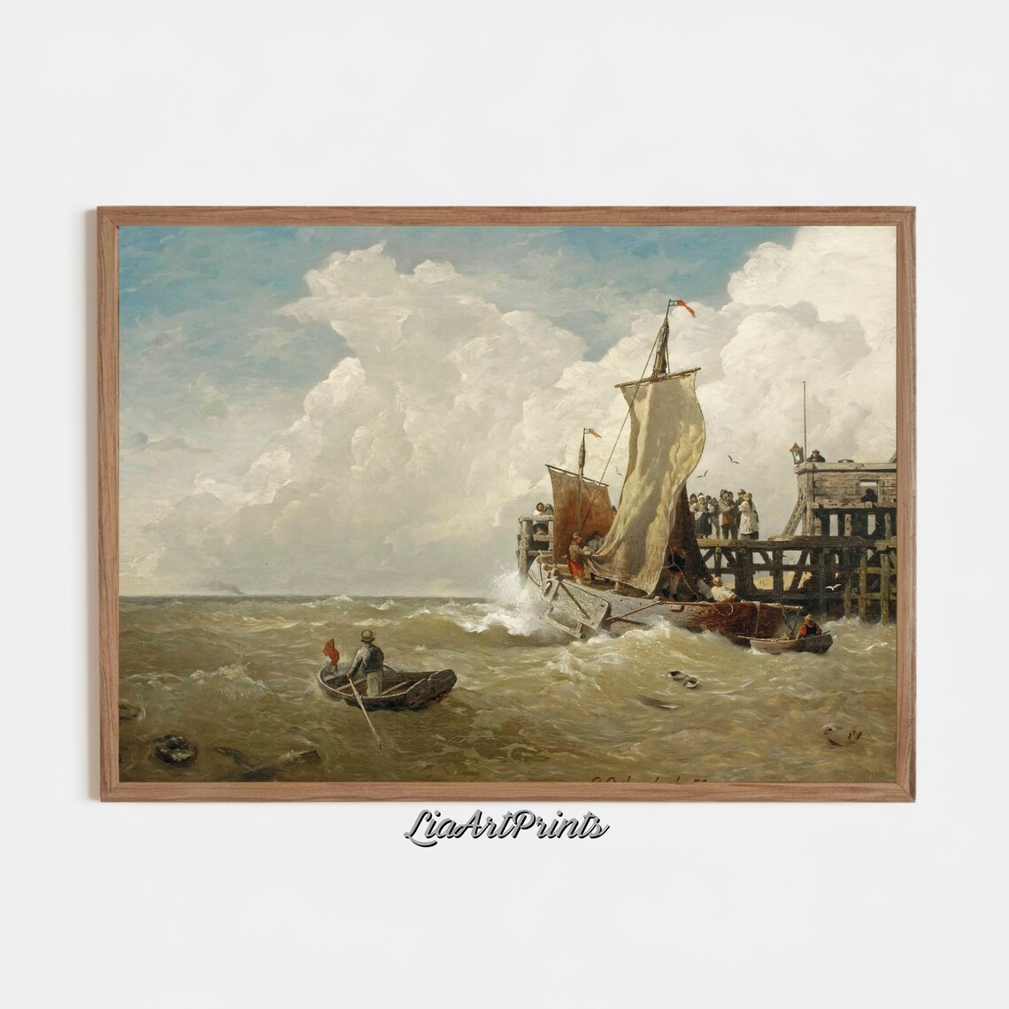 Sailing Boat Battling Stormy Waves Near a Wooden Pier Vintage Nautical Print - Image 4