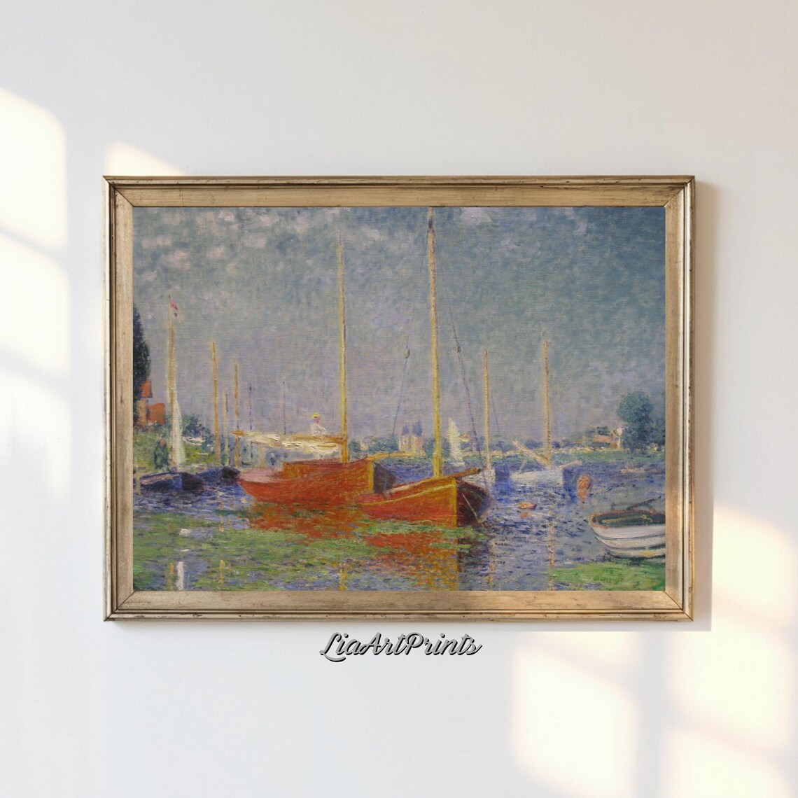 Impressionist Sailboats Harbor Red Boats Summer Coastal Scene Poster