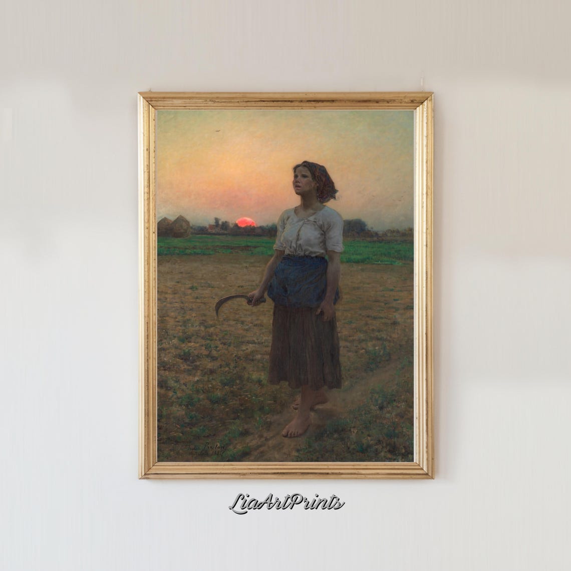 Sunset Harvest Female Farm Worker At Dusk Serene Rural Landscape Art Print - Image 4