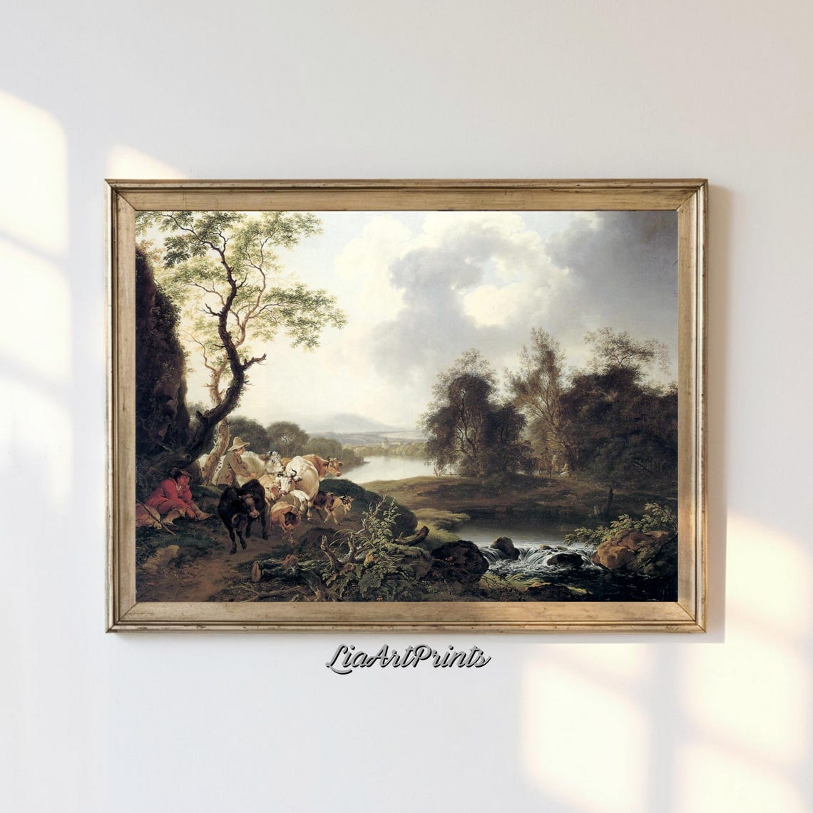 Pastoral River Scene Countryside Landscape With Livestock Tranquil Rural Art