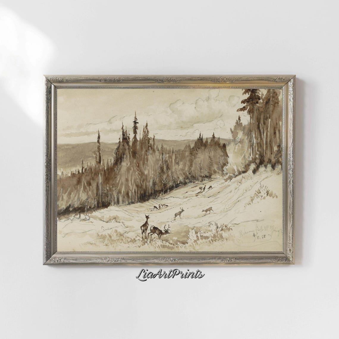 Rustic Forest Deer on Wooded Hillside Vintage Sepia Wildlife Poster - Image 4