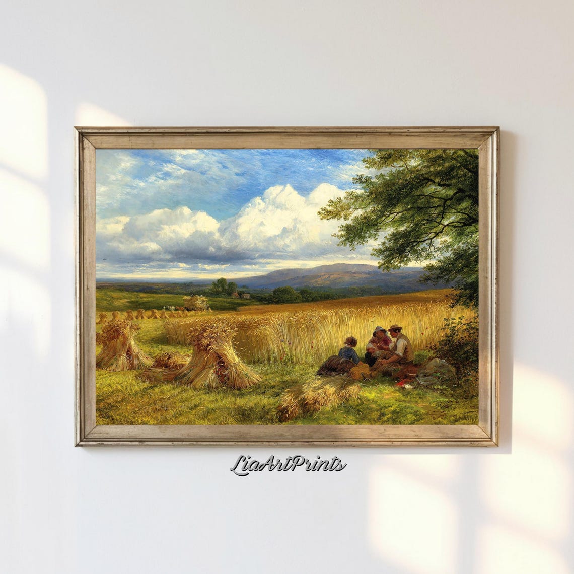 Golden Harvest Field Wheat Sheaves Resting Workers Rural Scene Poster