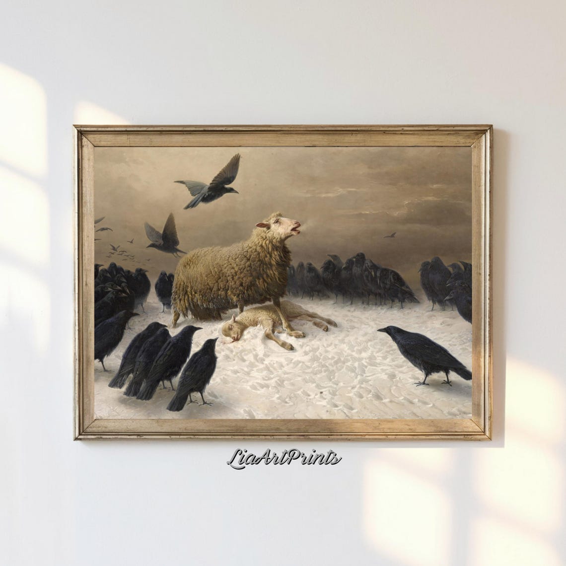 Sheep Protecting Lamb Victorian Dark Snowy Raven Painting Print