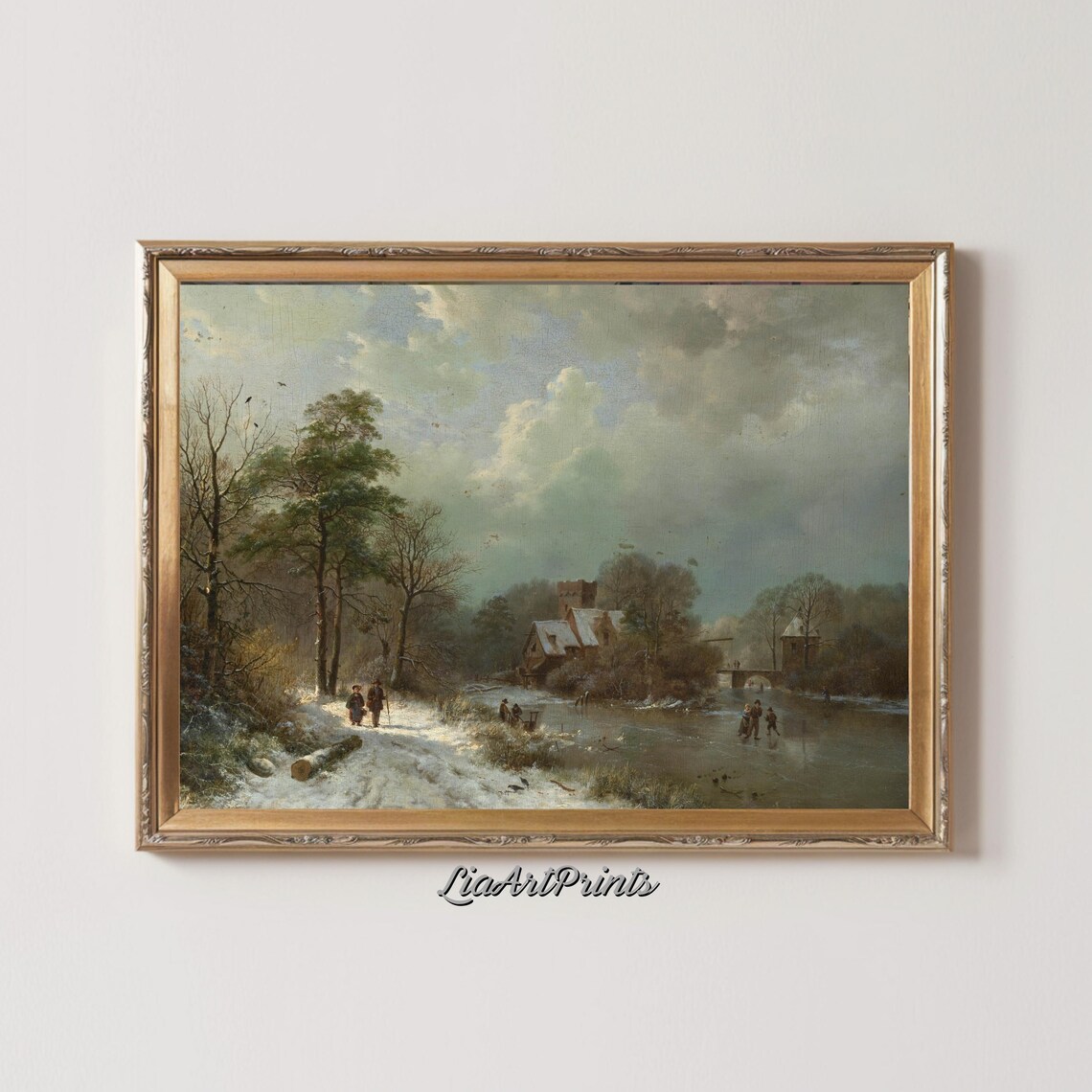 Winter Landscape With Ice Skaters, Rustic Village - Image 3