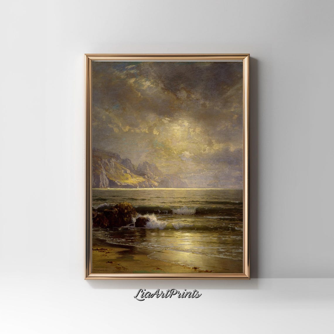 Moonlit Seascape Night Ocean Waves Rocky Coast Golden Glow Poster - Image 2