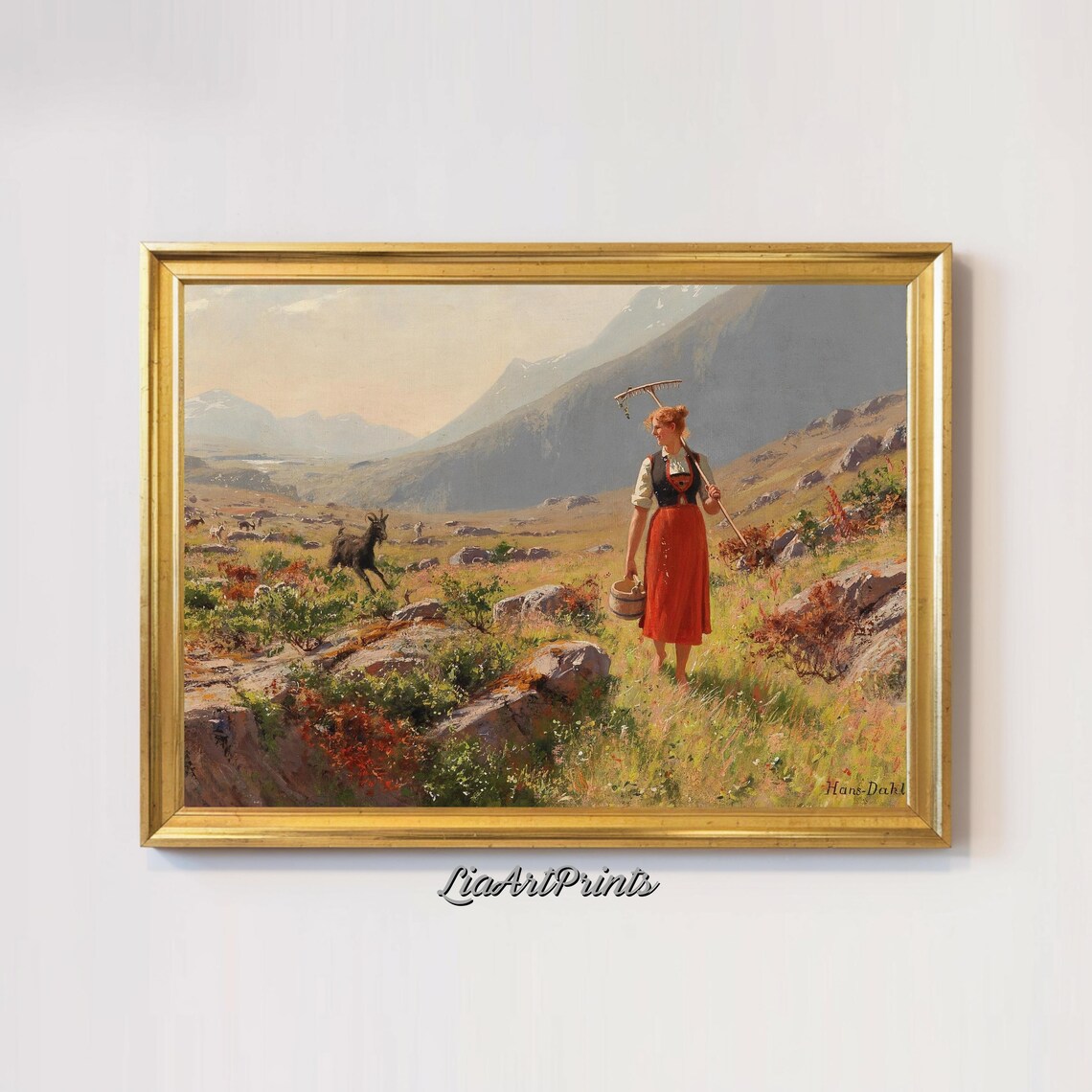 Mountain Shepherdess In Blooming Valley Pastoral Scene With Mountains Vibrant Countryside Wall Art - Image 3
