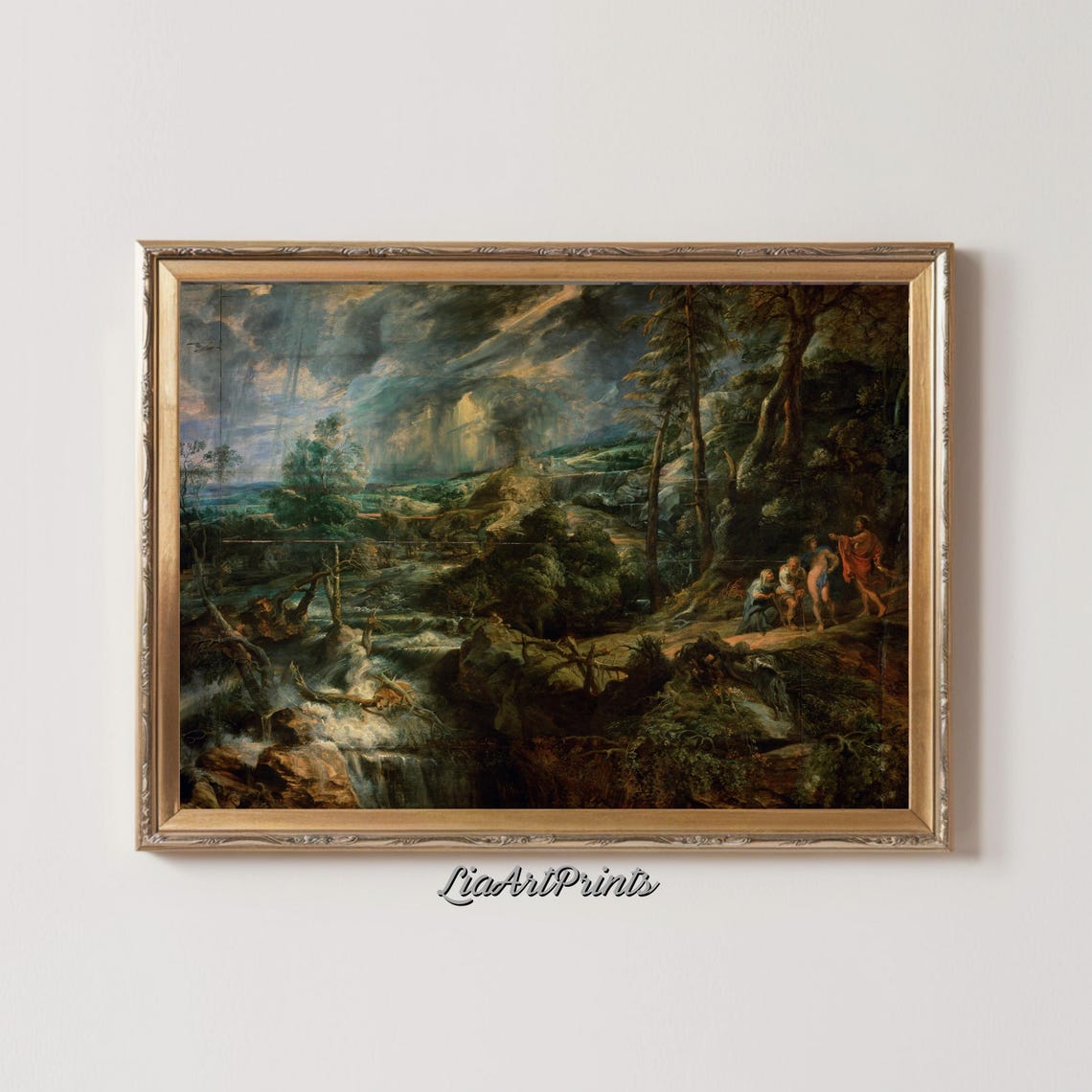 Dark Baroque Stormy Waterfall Valley Figures Dramatic Landscape Poster - Image 2