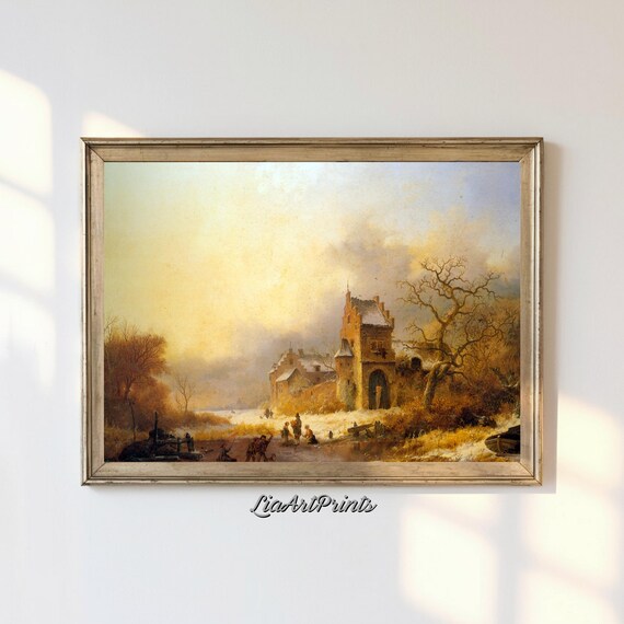 Winter Castle Vintage Oil Painting with Children Playing in Snow Poster