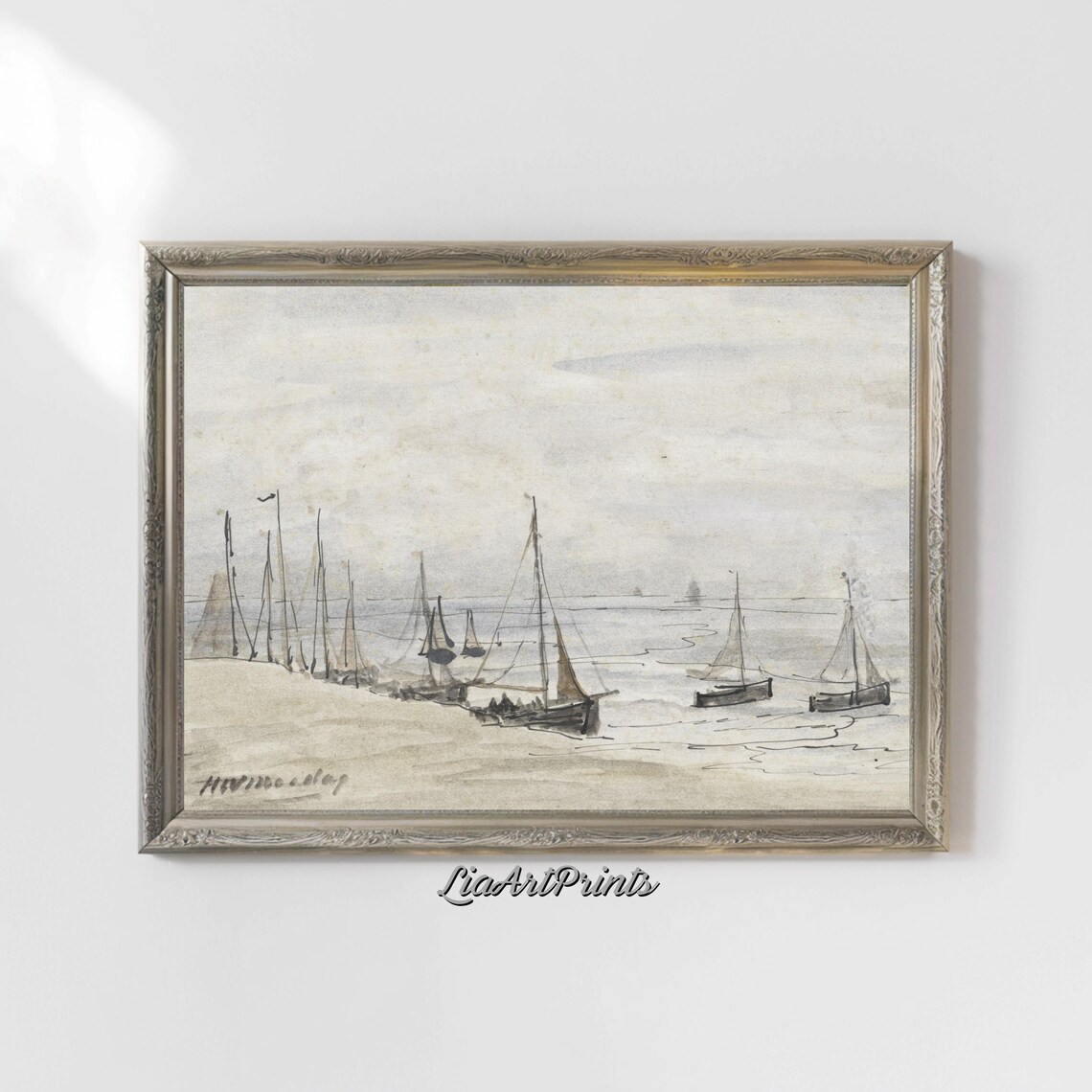 Minimalist Sailboat Sketch Ink Drawing Shore Boats Vintage Art Poster - Image 4