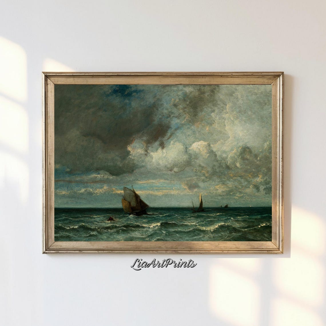 Stormy Seascape Sailboats Dramatic Clouds Antique Marine Art Poster