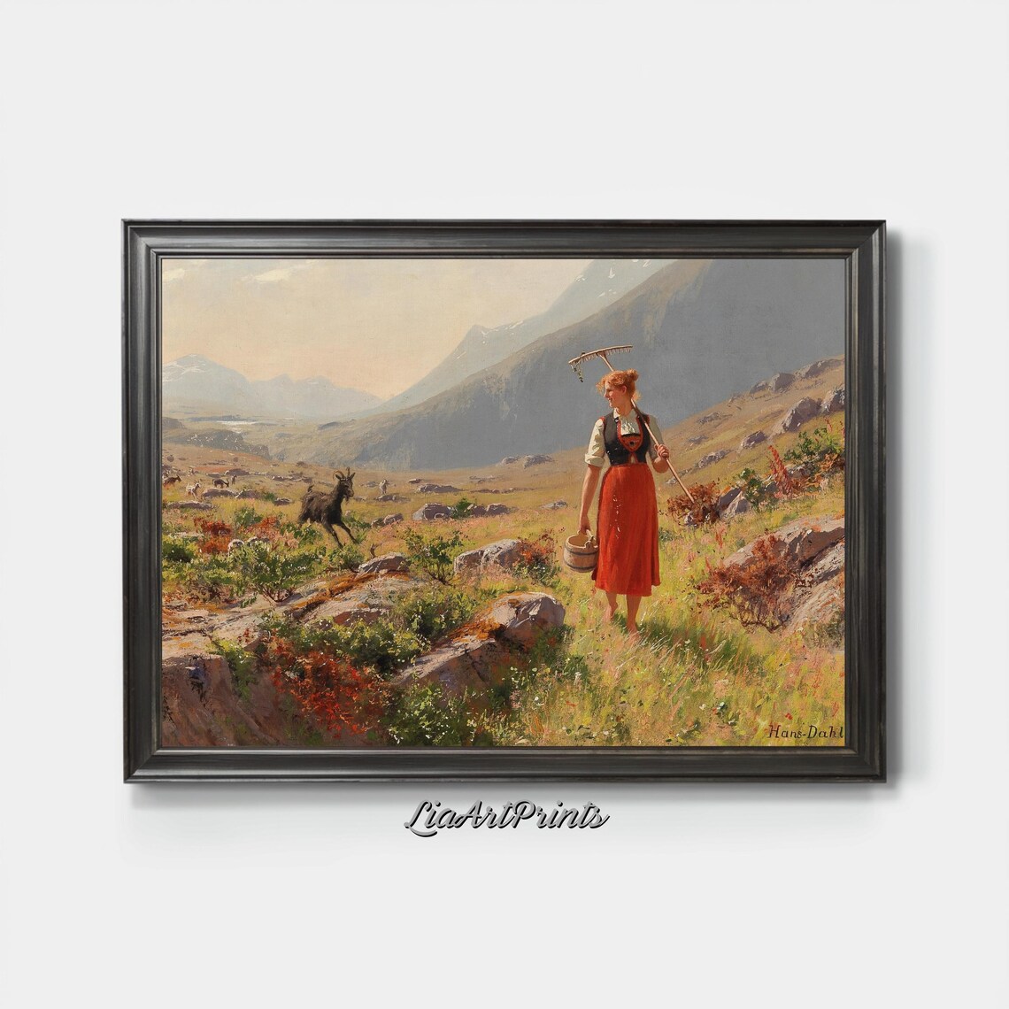 Mountain Shepherdess In Blooming Valley Pastoral Scene With Mountains Vibrant Countryside Wall Art - Image 4