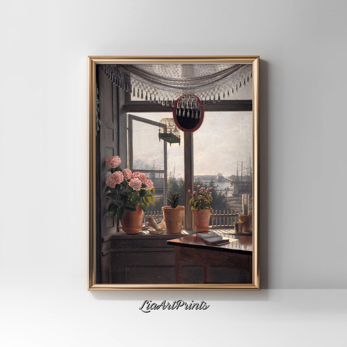 Artist Window Interior Hydrangeas Birdcage Harbor View Vintage Poster - Image 2