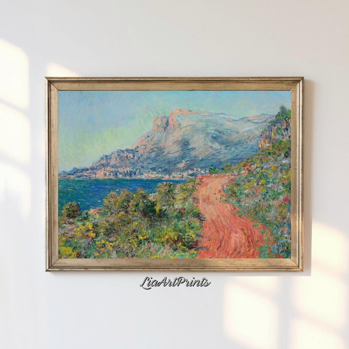 Impressionist Coastal Mountain Path with Red Road and Blue Sea Poster