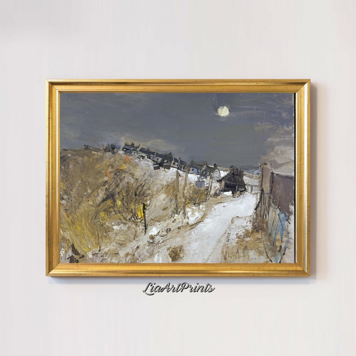 Winter Moonlit Village Landscape, Rustic Snowy Night - Image 3