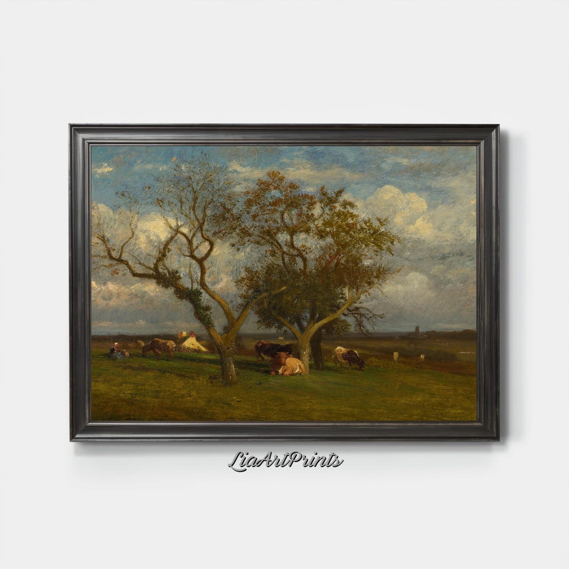 Pastoral Cows Resting Under Trees in a Wide Green Meadow Vintage Print - Image 4